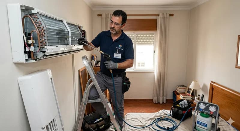 Serviço de manutenção HVAC em progresso